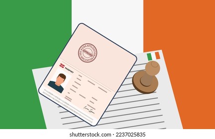 Ireland visa, open stamped passport with visa approved document for border crossing. Immigration visa concept. Background with Ireland flag. vector illustration