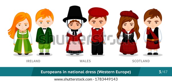 Ireland, Wales, Scotland. Men and women in\
national dress. Set of european people wearing ethnic traditional\
costume. Isolated cartoon characters. Western Europe. Vector flat\
illustration.