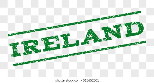 Ireland watermark stamp. Text caption between parallel lines with grunge design style. Rubber seal stamp with dust texture. Vector green color ink imprint on a chess transparent background.