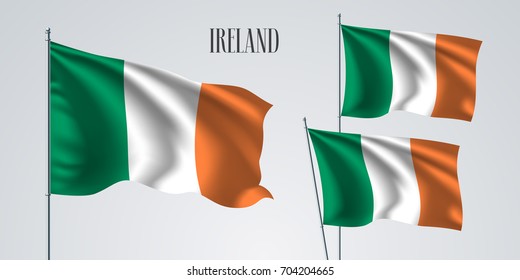 Ireland waving flag set of vector illustration. Orange white green  of Ireland wavy realistic flag as a patriotic symbol