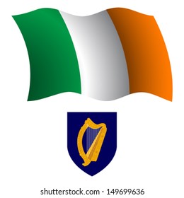 ireland wavy flag and coat of arms against white background, vector art illustration, image contains transparency