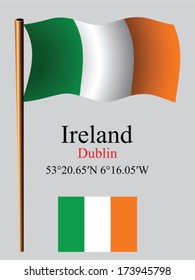 ireland wavy flag and coordinates against gray background, vector art illustration, image contains transparency