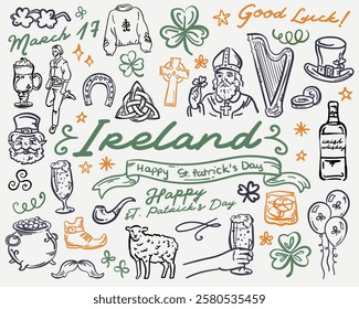 Ireland Whimsical Hand Drawn Set of Illustrations, Irish Symbols vector collection