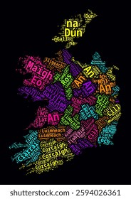 Ireland Word Cloud. Region names of the country in Irish language. Bright neon style design on dark background. Ireland shape with administrative division. Vibrant vector illustration.