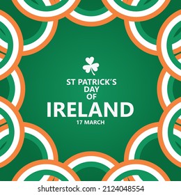 Ireland's St. Patrick's Day celebration vector template with circular Ireland national flags and a shamrock icon. You can use it for social media posts.