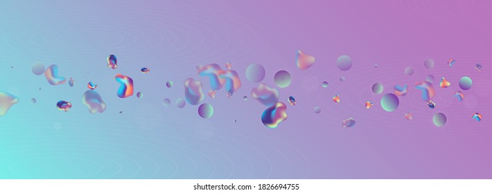 Iridescent 3d Trendy Vector Panoramic Blue Background. Cosmic Holography Pattern. Holographic Memphis Elements Placard. Light Modern Flyer.