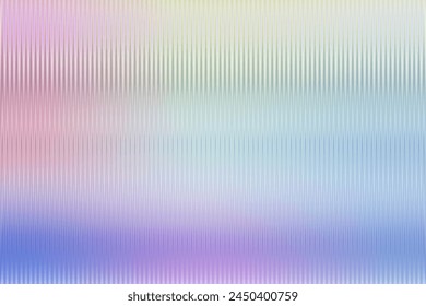 Iridescent abstract transparent glowing glass texture. Rainbow stained ribbed striped background pattern overlay. Pearlescent corrugated acrylic wall vertical line. Reeded translucent plastic texture