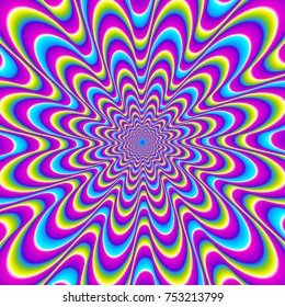 Iridescent background with blue spirals. Motion illusion.