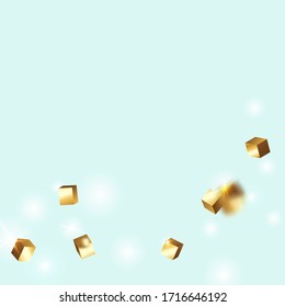  Iridescent Background. Gold Confetti. Isolated Golden Cube Particles. Birthday Card with Metallic Texture. Chaotic Confetti Backdrop.   Geometric Anniversary Card.