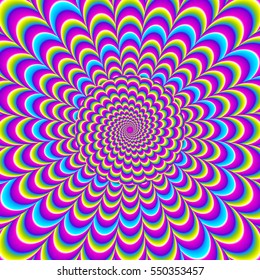 Iridescent background with growing sphere. Optical expansion illusion.