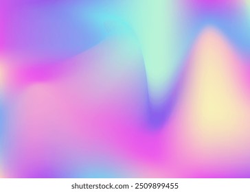 Fundo Iridescente. Gradiente do holograma. Cartão Rainbow. Poster brilhante. Textura de metal azul. Gradiente holográfico. Líquido Hipster. Modelo Multicolorido Suave. Fundo iridescente violeta