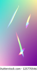 Iridescent Background. Holographic Light Glitch Effect.
Vector Rainbow Gradient with Sunshine Glare.  Creative Festive Backdrop. 
Mesh Holographic Foil. Trendy Hologram Vector Background.
