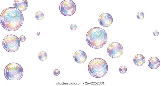 Iridescent bubbles float playfully, shimmering with rainbow hues against a clean backdrop. Perfect for whimsical designs, childrens themes, dreamy visuals, or fresh and vibrant creative concepts.