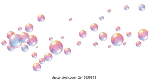 Iridescent bubbles float playfully, shimmering with rainbow hues against a clean backdrop. Perfect for whimsical designs, childrens themes, dreamy visuals, or fresh and vibrant creative concepts.