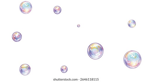 Iridescent bubbles float playfully, shimmering with rainbow hues against a clean backdrop. Perfect for whimsical designs, childrens themes, dreamy visuals, or fresh and vibrant creative concepts.