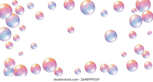 Iridescent bubbles float playfully, shimmering with rainbow hues against a clean backdrop. Perfect for whimsical designs, childrens themes, dreamy visuals, or fresh and vibrant creative concepts.