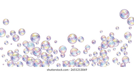 Iridescent bubbles float playfully, shimmering with rainbow hues against a clean backdrop. Perfect for whimsical designs, childrens themes, dreamy visuals, or fresh and vibrant creative concepts.