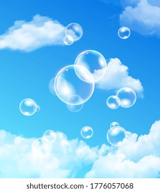 Iridescent bubbles floating against blue sky with fluffy white clouds , colored vector illustration