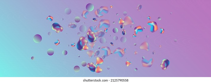 Iridescent Bubbles Futuristic Vector Panoramic Blue Background. Art Fluid Cover. Neon Splash Bubble Pattern. Holographic Retro Design.