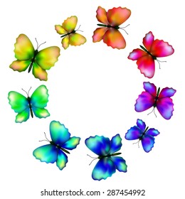 iridescent butterflies fly in a circle, isolated illustration