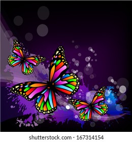 Iridescent butterflies on abstract dark background. Vector