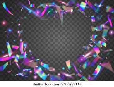 Iridescent Confetti. Bright Foil. Party Design. Cristal Glare. Purple Retro Texture. Flying Art. Bokeh Background. Metal Celebrate Decoration. Violet Iridescent Confetti