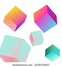 Iridescent Confetti Vector White Background. Rainbow Geometric Rhombus Cover. Perspective Box Image. Bright Polygon Structure Pattern.