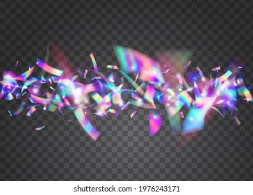 Iridescent Confetti. Violet Blur Effect. Laser Festival Illustration. Party Banner. Bright Art. Fiesta Foil. Falling Glare. Holographic Glitter. Blue Iridescent Confetti