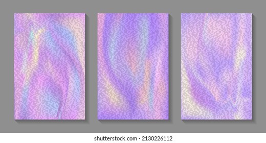 Reizende Abdeckungen mit Folienstruktureffekt. Purpur, perlmuttfarbener, holografischer Neonfarben, psychedelischer Hintergrund des Regenbogens. Vektorgrafik