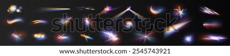 Iridescent Crystal Glare and Reflection Effect, Optical Rainbow Leaks, Light Streaks, and Falling Confetti. Crystal Vibrant Lens Flares with Rainbow Transparent Overlays for a Stunning Visual Impact.