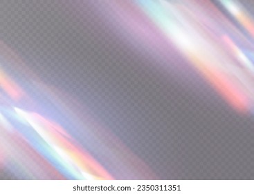 Kristalllecker-Reflektionseffekt. Optische Regenbogenlampen, Brille, Leck, Streak Overlay. fallender Konfetti. Vektorfarbige Vektorlinsen und Lichtfackel mit transparenten Effekten.