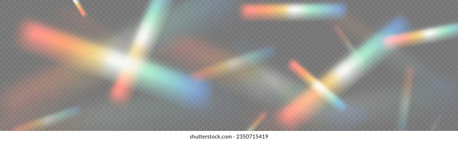 Iridescent crystal leak glare reflection effect. Optical rainbow lights, glare, leak, streak overlay. falling confetti. Vector colorful vector lenses and light flares with transparent effects.