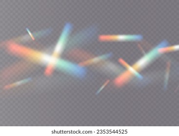 Iridescent crystal leak glare reflection effect. Optical rainbow lights, glare, leak, streak overlay. falling confetti. Vector colorful vector lenses and light flares with transparent effects.