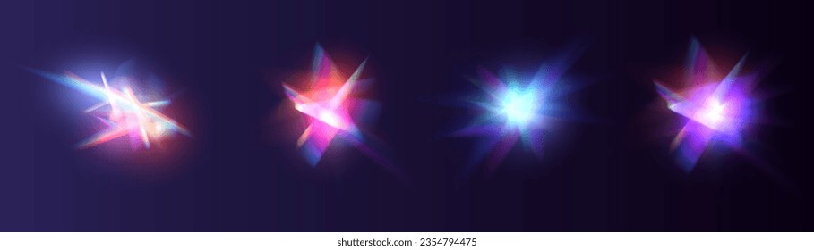 Iridescent crystal leak glare reflection effect. Optical rainbow lights, glare, leak, streak overlay. falling confetti. Vector colorful vector lenses and light flares with transparent effects.
