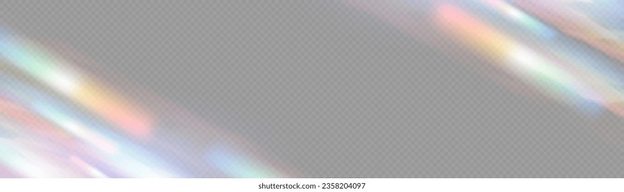 Efecto de reflexión sobre la filtración de cristal irlandés. Luces ópticas de arco iris, resplandor, filtración, superposición de rayas. caía confetti. Lentes vectoriales coloridas vectoriales y bengalas luminosas con efectos transparentes.