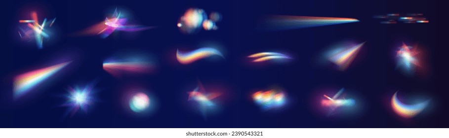 Iridescent crystal leak glare reflection effect. Optical rainbow lights, glare, leak, streak overlay. falling confetti. Vector colorful vector lenses and light flares with transparent effects.