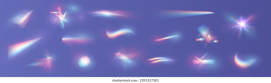 Iridescent crystal leak glare reflection effect. Optical rainbow lights, glare, leak, streak overlay. falling confetti. Vector colorful vector lenses and light flares with transparent effects.