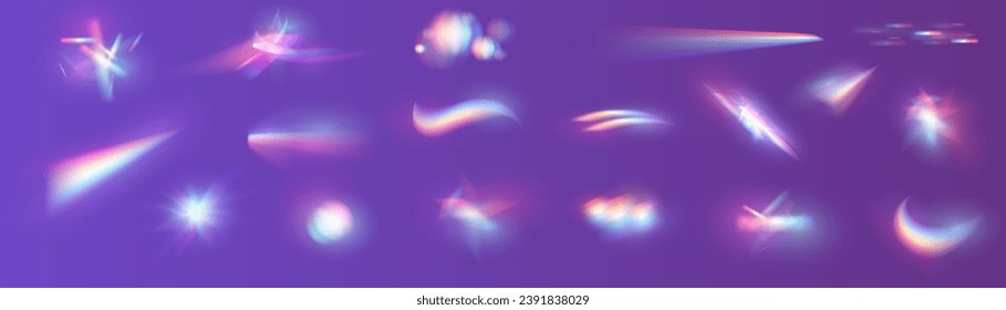 Kristalllecker-Reflektionseffekt. Optische Regenbogenlampen, Brille, Leck, Streak Overlay. fallender Konfetti. Vektorfarbige Vektorlinsen und Lichtfackel mit transparenten Effekten.