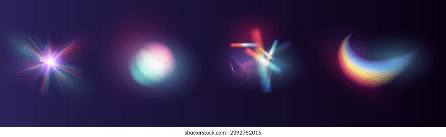 Iridescent crystal leak glare reflection effect. Optical rainbow lights, glare, leak, streak overlay. falling confetti. Vector colorful vector lenses and light flares with transparent effects.