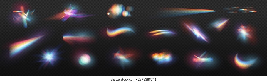 Iridescent crystal leak glare reflection effect. Optical rainbow lights, glare, leak, streak overlay. falling confetti. Vector colorful vector lenses and light flares with transparent effects.