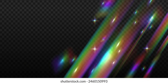 Iridescent crystal leak glare reflection effect. Optical rainbow lights, glare, streak overlay. Falling iridescent rays. Vector colorful lenses and light flares with transparent overlay effects.