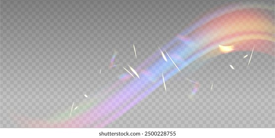Iridescent crystal leak glare reflection effect. Optical wavy rainbow ray lights, glare, leak, streak overlay. Vector colorful lenses and light flares with transparent effects on light background.