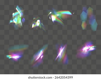Iridescent crystal leak glare reflection effect. Optical rainbow lights, glare, leak, streak overlay. falling confetti. Vector colorful vector lenses and light flares with transparent effects