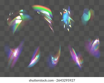 Efeito de reflexo de brilho de vazamento de cristal iridescente. Luzes ópticas do arco-íris, brilho, vazamento, sobreposição de listras. confete caindo. Lentes vetoriais coloridas e clarões claros com efeitos transparentes