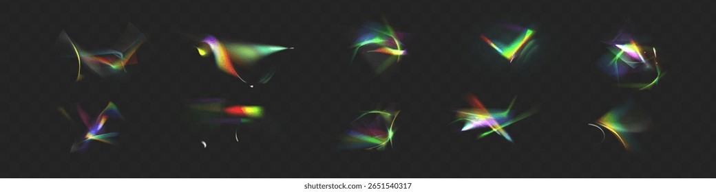 Iridescent crystal leak glare reflection effect. Optical rainbow lights, glare, leak, streak overlay. falling confetti. Vector colorful vector lenses and light flares with transparent effects.