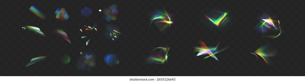 Efecto de reflexión de deslumbramiento de fuga de cristal iridiscente. Luces ópticas del arco iris, resplandor, fuga, superposición de la raya. Vector de lentes de Vector de colores y destellos de luz con efectos transparentes.