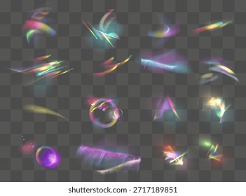 Efecto de reflexión de deslumbramiento de fuga de cristal iridiscente. Luces ópticas del arco iris, resplandor, fuga, superposición de la raya.