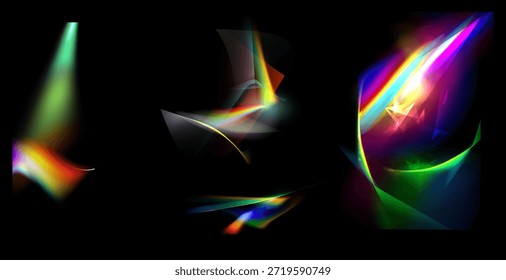 Efecto de reflexión de deslumbramiento de fuga de cristal iridiscente. Luces ópticas del arco iris, resplandor, fuga, superposición de la raya. Vector Vector colorido.