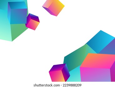 Iridescent Cube Vector White Background. Bright Perspective Brick Template. 3d Rhombus Brochure. Gradient Element Graphic Wallpaper.