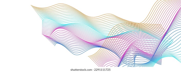 Iridescent Curve Background White Vector. Flow Backdrop. Neon Line Motive. Mesh Energy Cover. Multicolored Noise Soundwave.